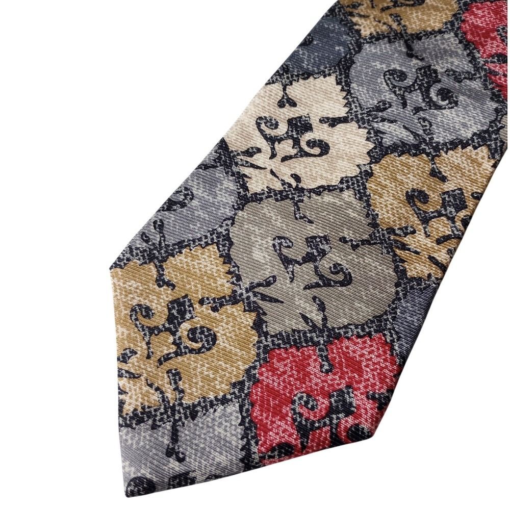 Evan-Picone Mens Silk Tie Geometric Patchwork Grey Gold Red Scrollwork USA Made